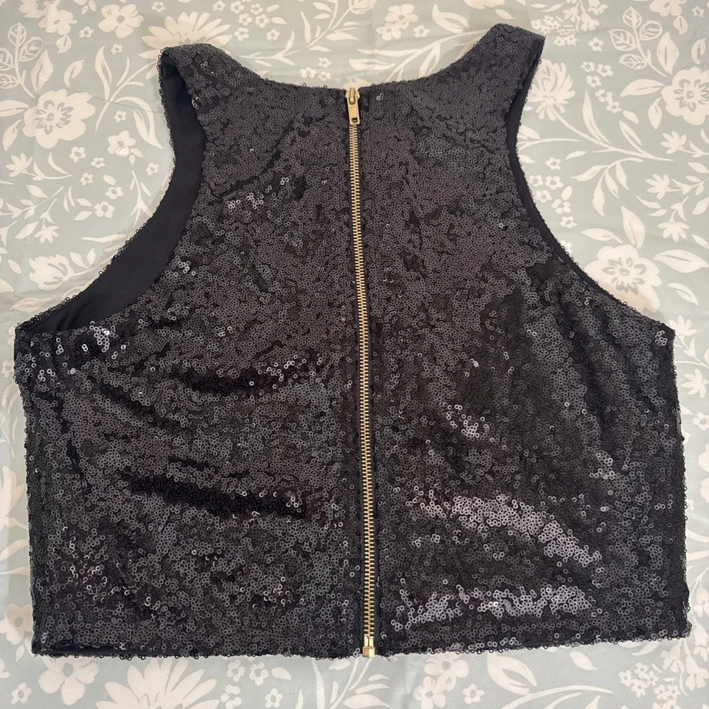 Venus Black Sequin Cropped Tank Top Zipper Back Party Formal NWOT Womens Size 8 - Picture 7 of 7